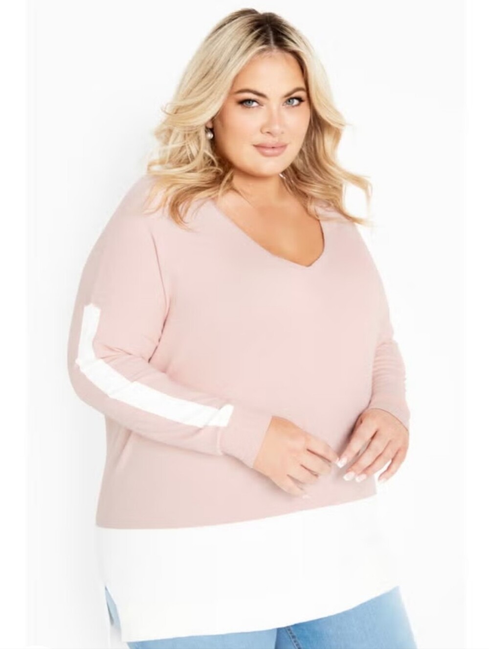 AVENUE  V-Neck Long Striped  Sleeve Two Toned Sweater In Soft Blush And White